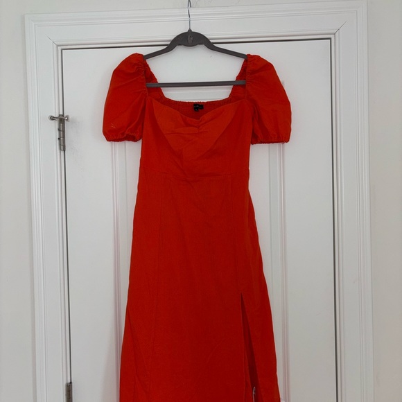 Red Orange Puff Sleeve Midi Dress - Picture 8 of 10